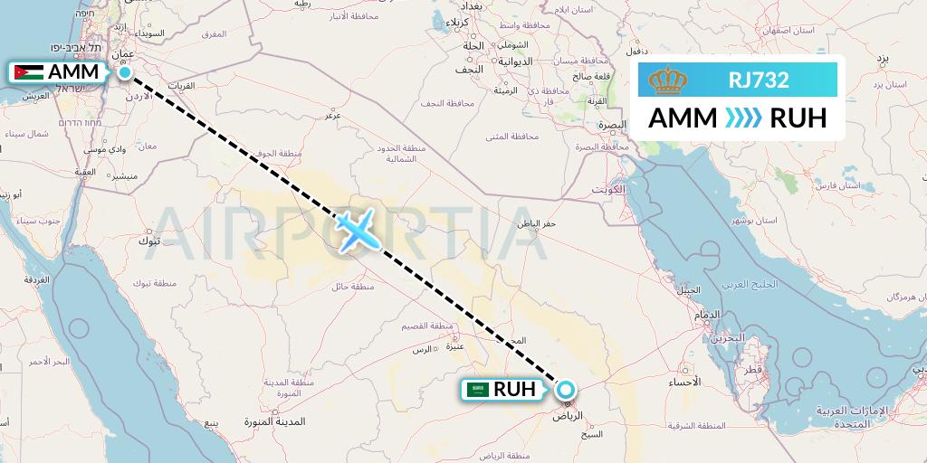 RJ732 Royal Jordanian Flight Map: Amman to Riyadh