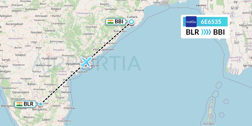 6E6535 IndiGo Airlines Flight Map: Bangalore to Bhubaneswar