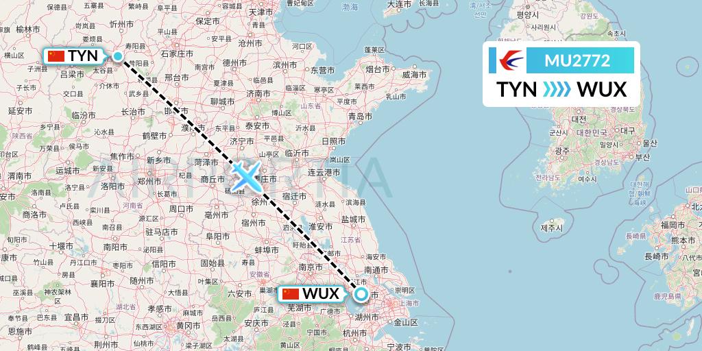 MU2772 China Eastern Airlines Flight Map: Taiyuan to Wuxi