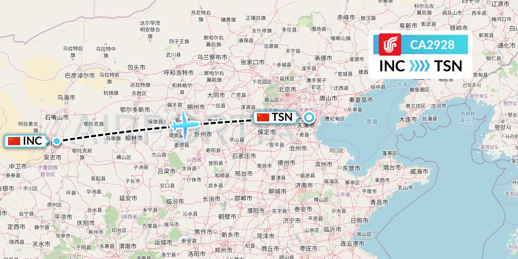 CA2928 Air China Flight Map: Yinchuan to Tianjin