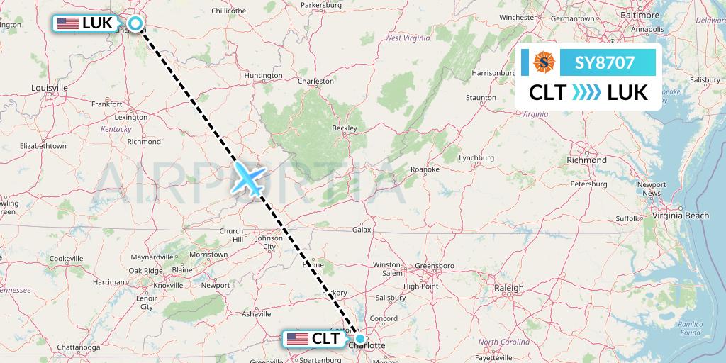 SY8707 Sun Country Airlines Flight Map: Charlotte to Cincinnati