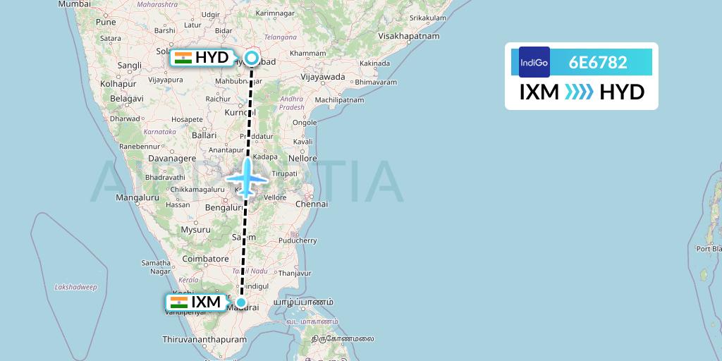 6E6782 IndiGo Airlines Flight Map: Madurai to Hyderabad