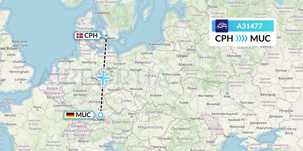 A31477 Aegean Airlines Flight Map: Copenhagen to Munich