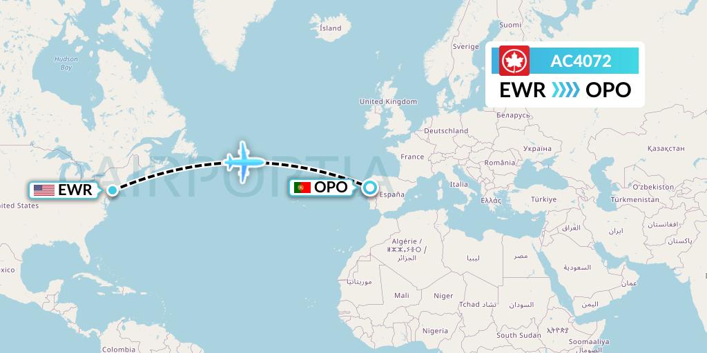 AC4072 Air Canada Flight Map: New York to Porto