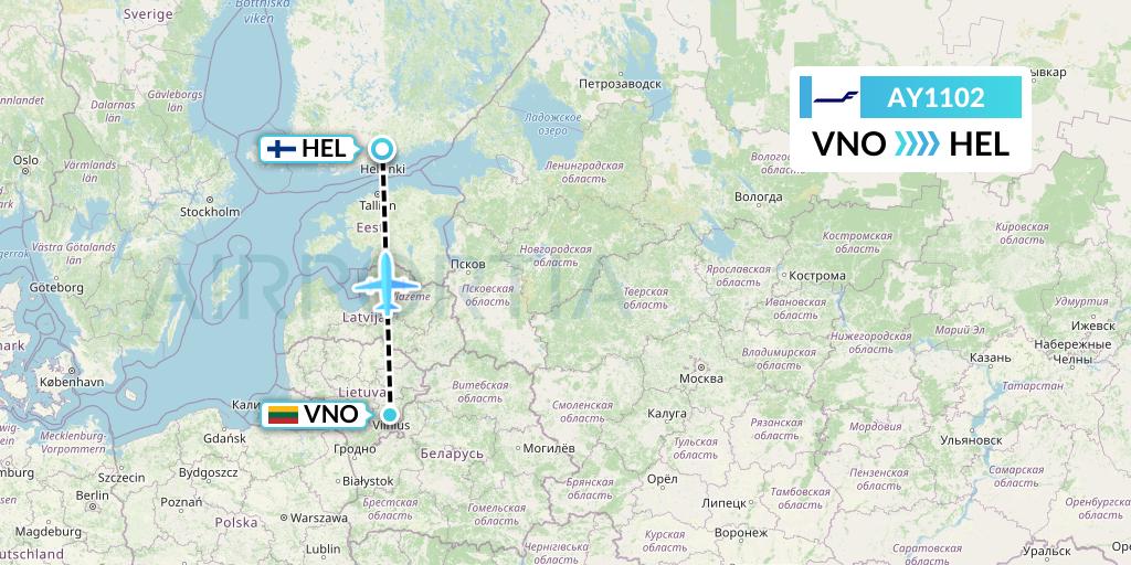 AY1102 Finnair Flight Map: Vilnius to Helsinki