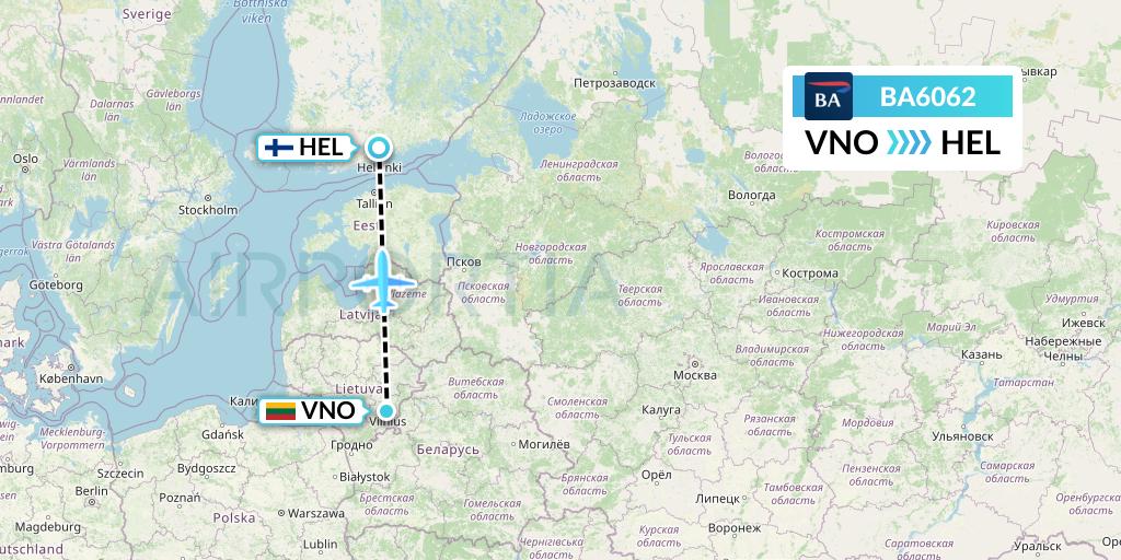 BA6062 British Airways Flight Map: Vilnius to Helsinki
