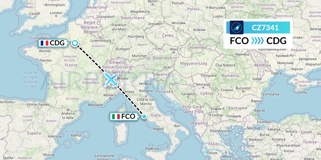 CZ7341 China Southern Airlines Flight Map: Rome to Paris
