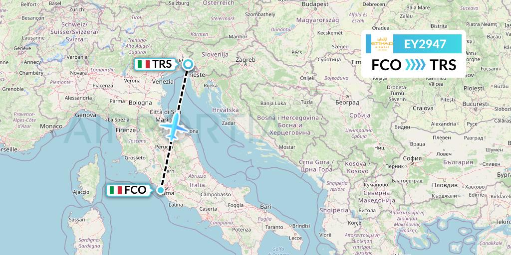 EY2947 Etihad Airways Flight Map: Rome to Trieste
