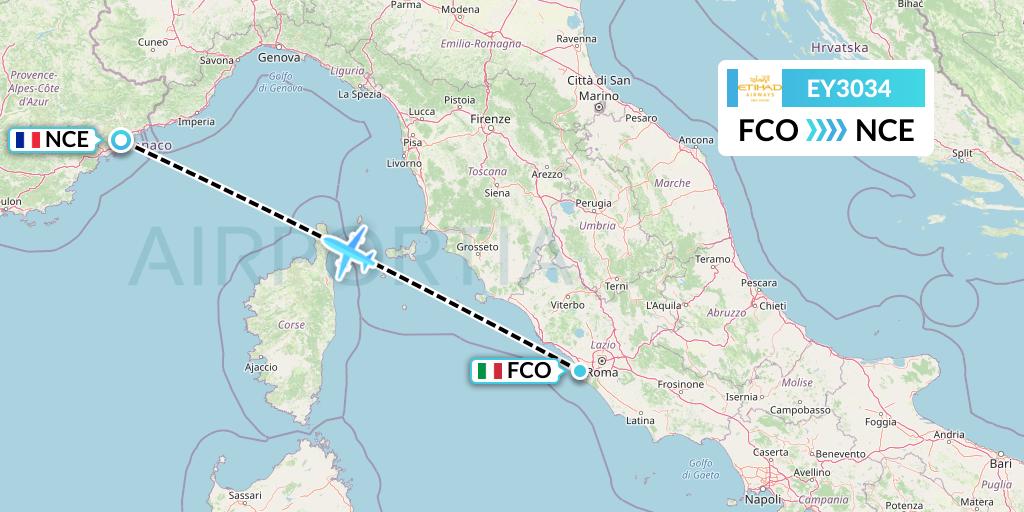 EY3034 Etihad Airways Flight Map: Rome to Nice