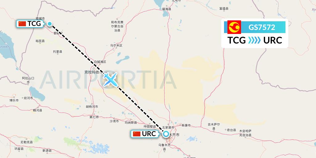 GS7572 Tianjin Airlines Flight Map: Tacheng to Urumqi