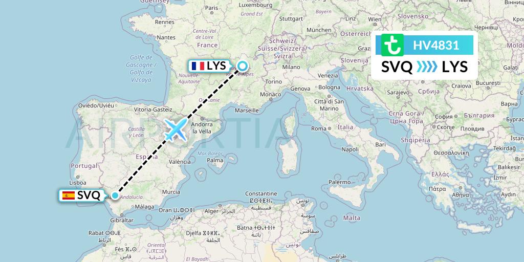 HV4831 Transavia Flight Map: Seville to Lyon