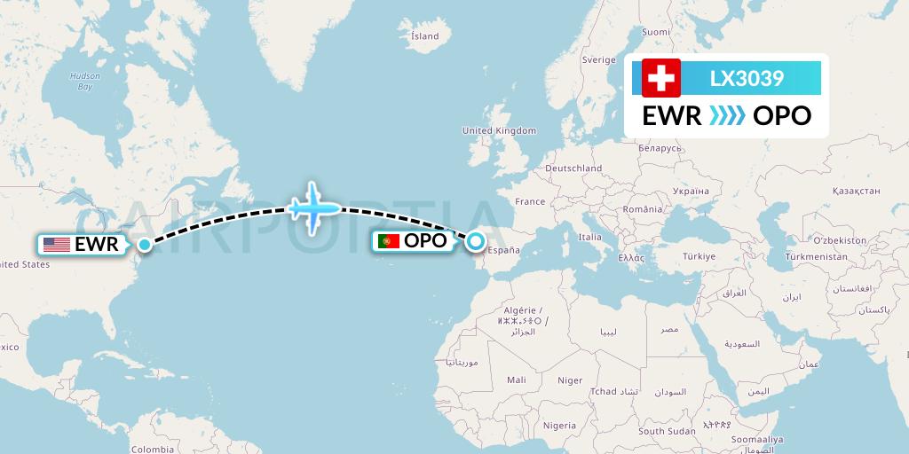LX3039 Swiss Flight Map: New York to Porto