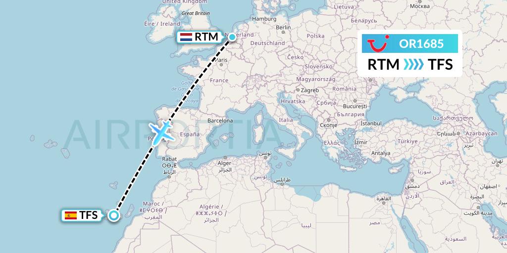 OR1685 TUI fly Netherlands Flight Map: Rotterdam to Tenerife