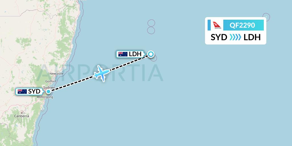 QF2290 Qantas Flight Map: Sydney to Lord Howe Island