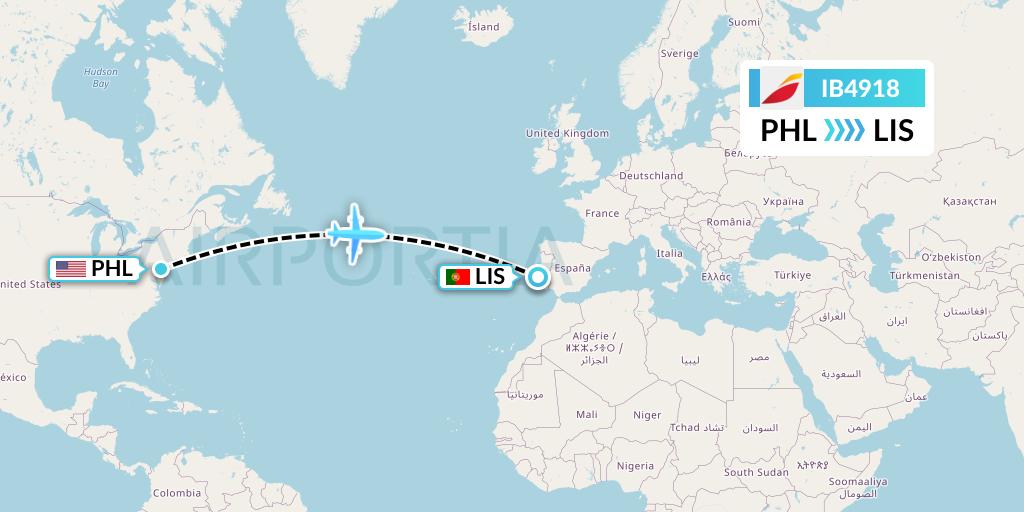 IB4918 Iberia Flight Map: Philadelphia to Lisbon