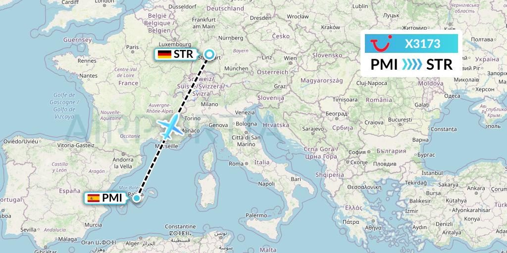 X3173 TUI fly Germany Flight Map: Palma de Mallorca to Stuttgart