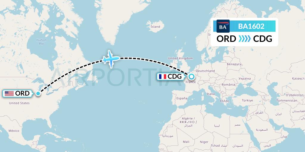 BA1602 British Airways Flight Map: Chicago to Paris