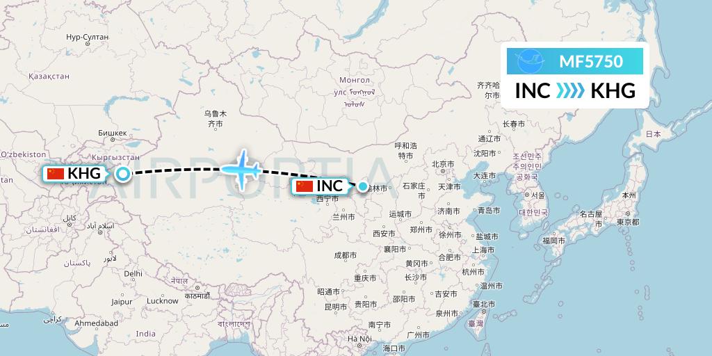 MF5750 Xiamen Airlines Flight Map: Yinchuan to Kashgar