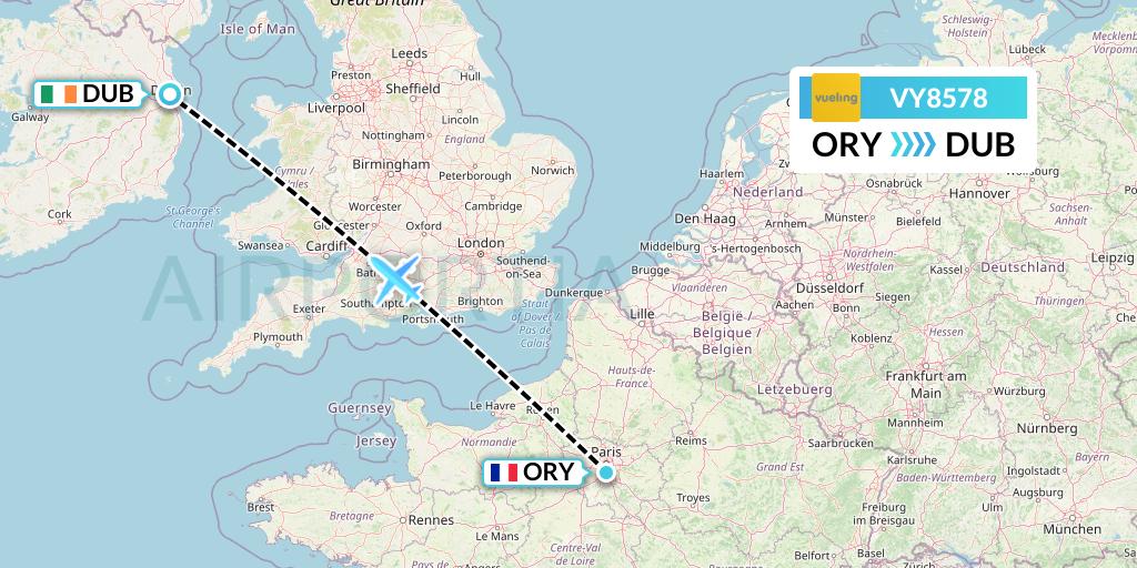 VY8578 Vueling Flight Map: Paris to Dublin