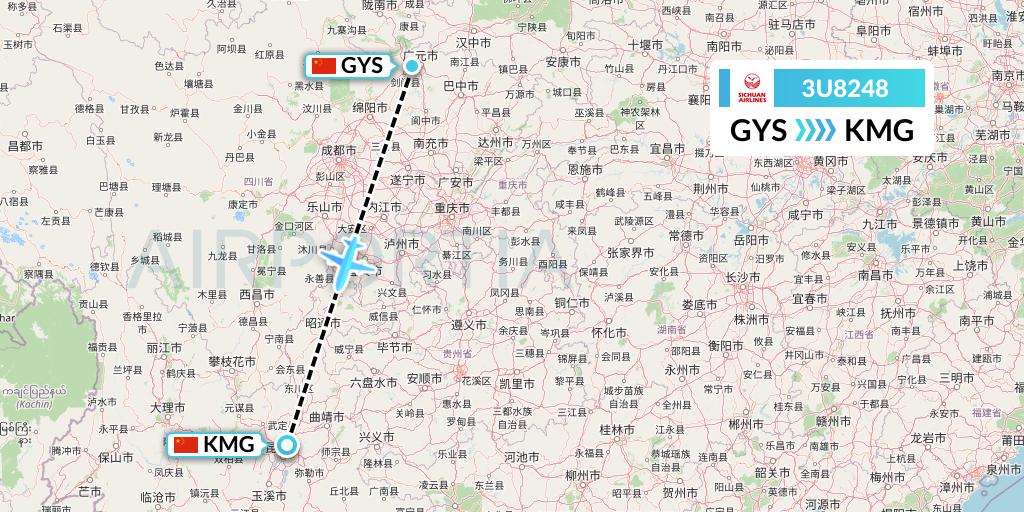 3U8248 Sichuan Airlines Flight Map: Guangyuan to Kunming