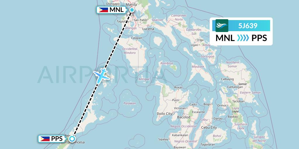 5J639 CEBU Pacific Air Flight Map: Manila to Puerto Princesa City