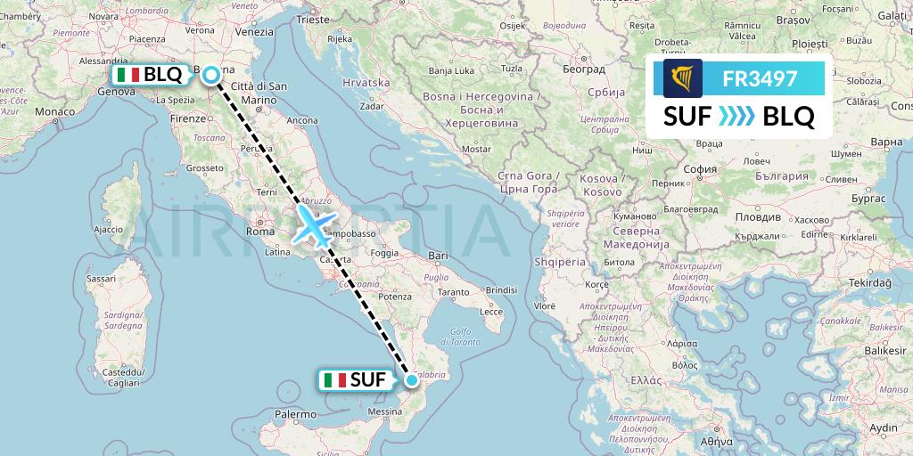 FR3497 Ryanair Flight Map: Lamezia Terme to Bologna