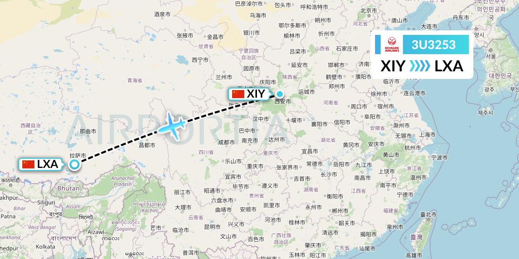 3U3253 Sichuan Airlines Flight Map: Xi'an to Lhasa