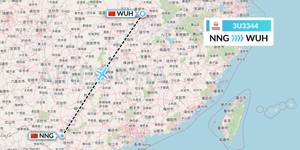 3U3344 Sichuan Airlines Flight Map: Nanning to Wuhan
