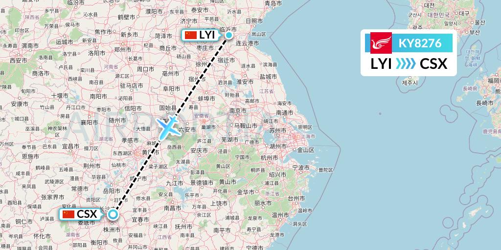 KY8276 Kunming Airlines Flight Map: Linyi to Changsha