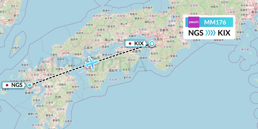 MM176 Peach Aviation Flight Map: Nagasaki to Osaka