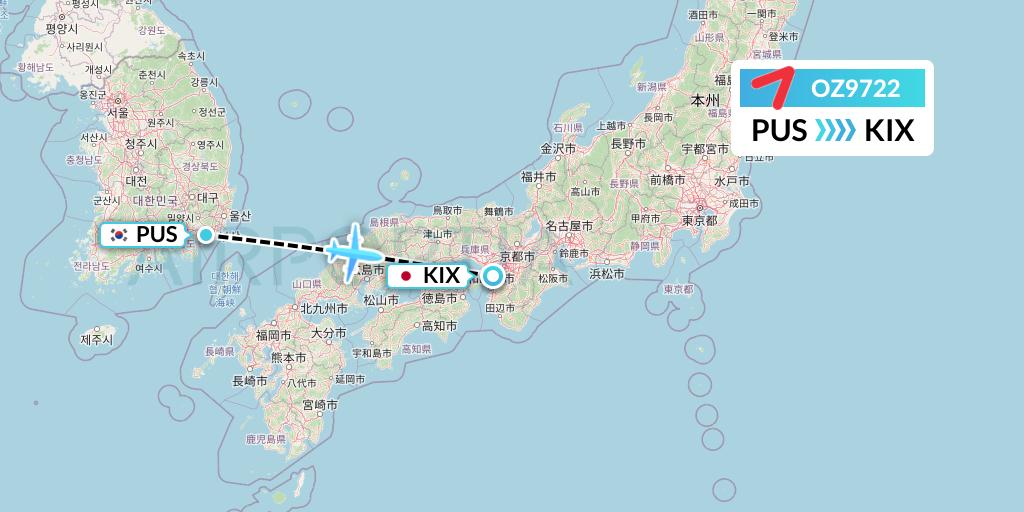OZ9722 Asiana Airlines Flight Map: Busan to Osaka