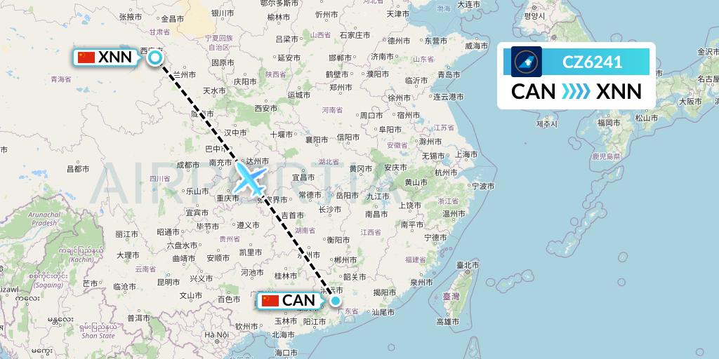 CZ6241 China Southern Airlines Flight Map: Guangzhou to Xining