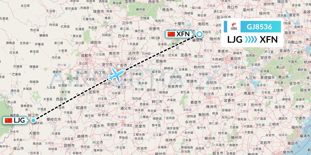 GJ8536 Loong Airlines Flight Map: Lijiang to Xiangyang