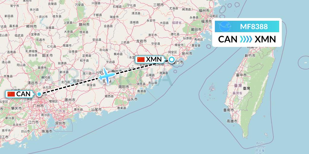 MF8388 Xiamen Airlines Flight Map: Guangzhou to Xiamen
