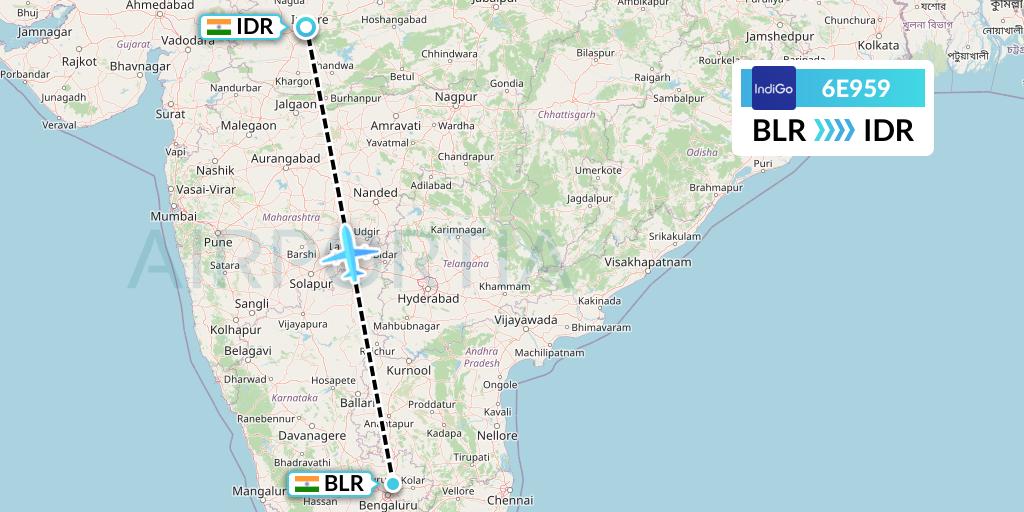 6E959 IndiGo Airlines Flight Map: Bangalore to Indore