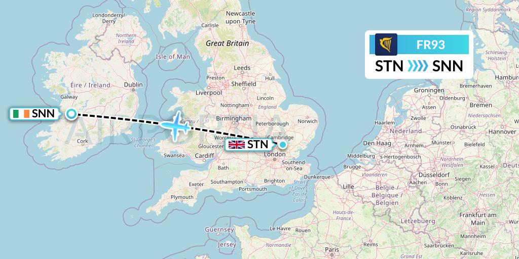 FR93 Ryanair Flight Map: London to Shannon