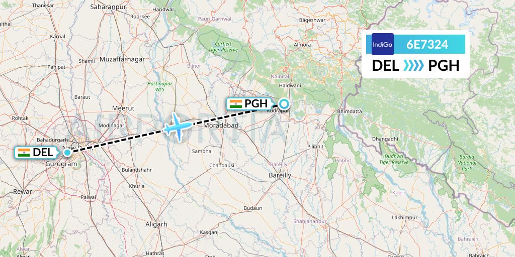 6E7324 IndiGo Airlines Flight Map: Delhi to Pantnagar