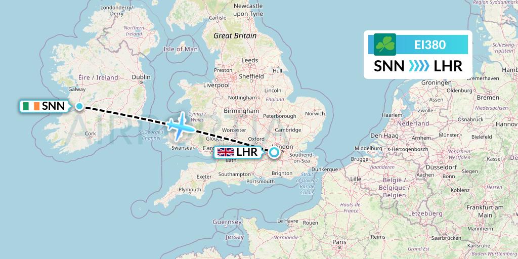 EI380 Aer Lingus Flight Map: Shannon to London