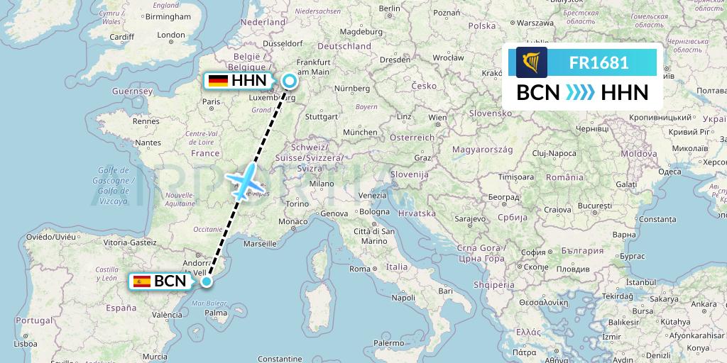 FR1681 Ryanair Flight Map: Barcelona to Hahn