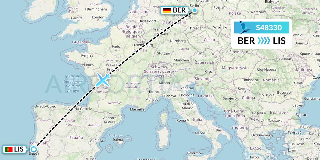 S48330 Azores Airlines Flight Map: Berlin to Lisbon