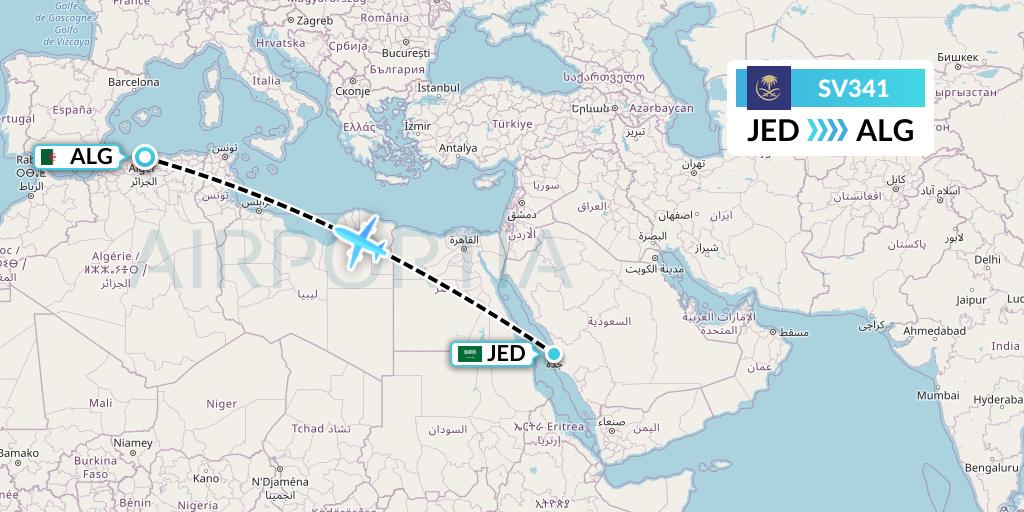 SV341 Saudi Arabian Airlines Flight Map: Jeddah to Algiers