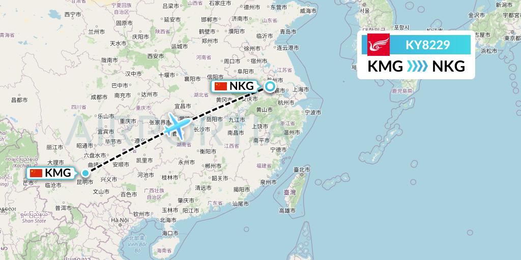 KY8229 Kunming Airlines Flight Map: Kunming to Nanjing
