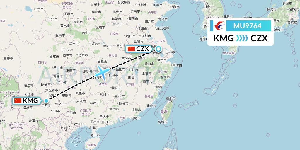 MU9764 China Eastern Airlines Flight Map: Kunming to Changzhou