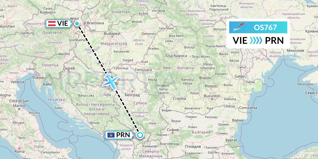 OS767 Austrian Airlines Flight Map: Vienna to Pristina