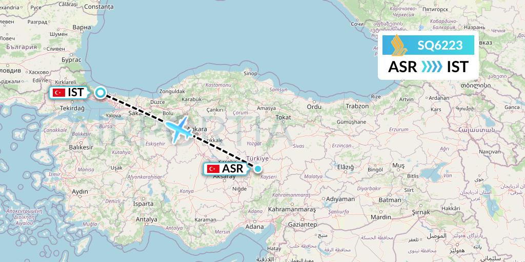 SQ6223 Singapore Airlines Flight Map: Kayseri to Istanbul