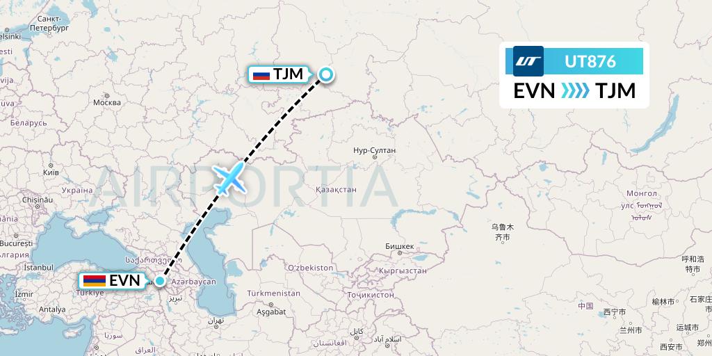 UT876 UTair Flight Map: Yerevan to Tyumen