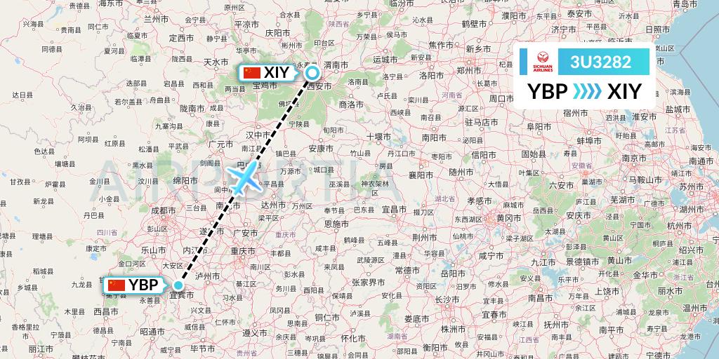 3U3282 Sichuan Airlines Flight Map: Yibin to Xi'an