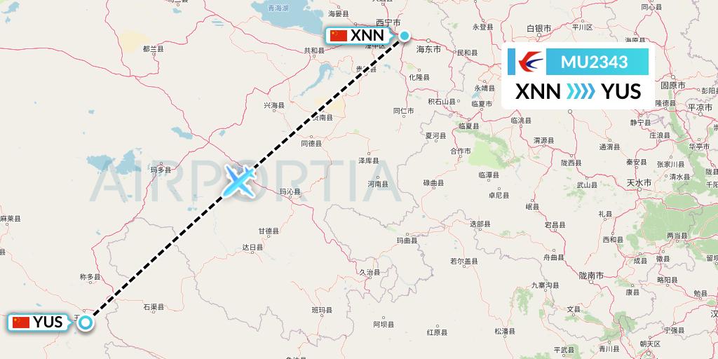 MU2343 China Eastern Airlines Flight Map: Xining to Yushu
