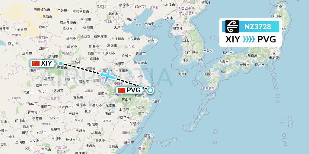 NZ3728 Air New Zealand Flight Map: Xi'an to Shanghai