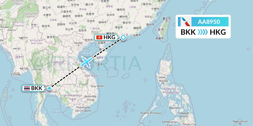 AA8950 American Airlines Flight Map: Bangkok to Hong Kong